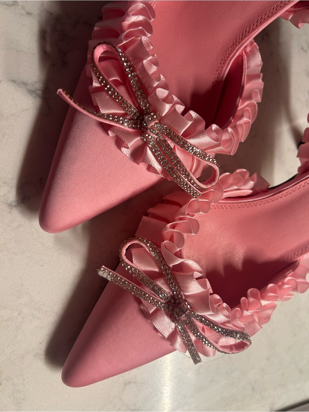 Pink Ruffle Pointed-Toe Slingback Heels with Crystal Bow - Picture 2 of 3